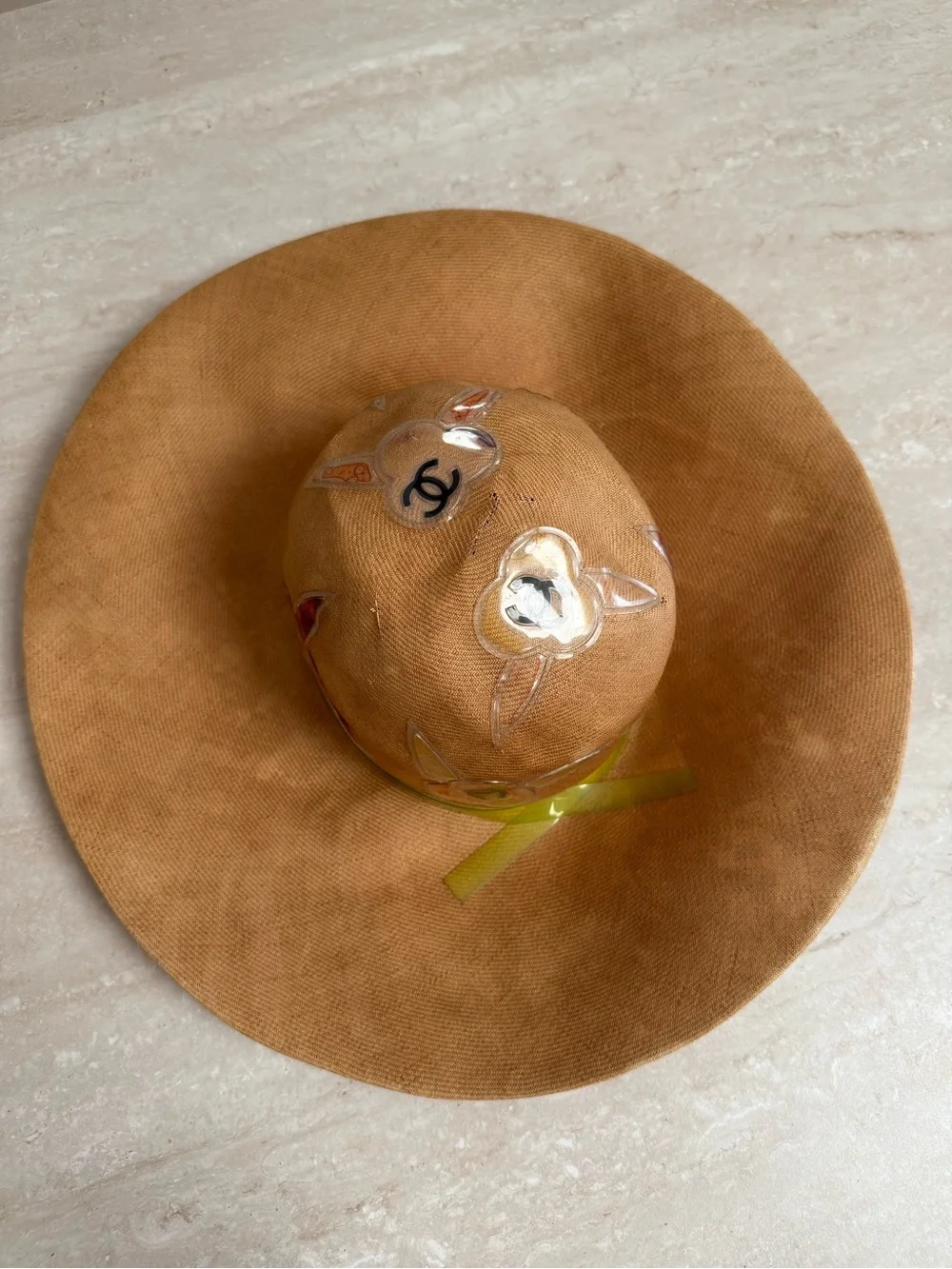 CHANEL Tan Straw Wide Brim Hat with Lime Ribbon
